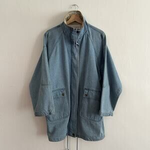 Vintage 1980s Denim Parka Smock Full Zip Jacket Stonybrook Size Large Oversized
